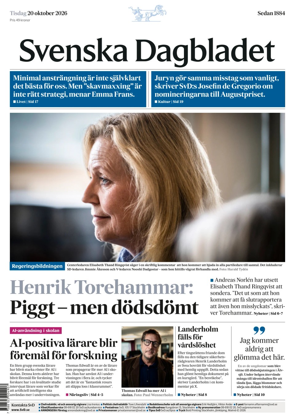Prima-pagina-Svenska Dagbladet-edizione-di-oggi-20261020
